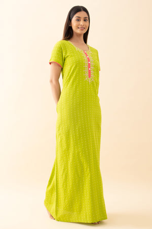 Dobby Weave Floral Embroidered Nighty - Green
