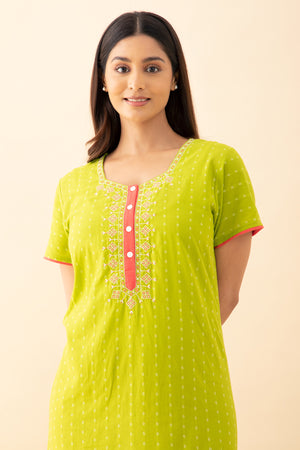 Dobby Weave Floral Embroidered Nighty - Green