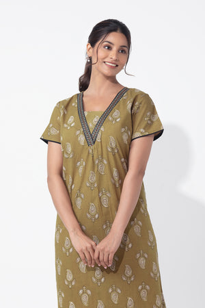 Paisley Printed Olive Green Cotton Nighty