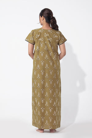 Paisley Printed Olive Green Cotton Nighty