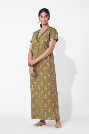 Paisley Printed Olive Green Cotton Nighty