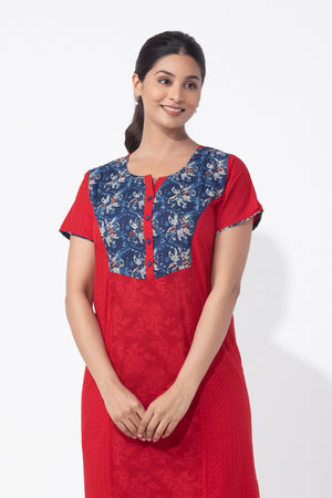 Monotone Printed Red Cotton Nighty with Floral Yoke Patchwork