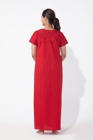 Monotone Printed Red Cotton Nighty with Floral Yoke Patchwork
