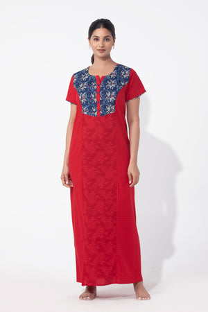 Monotone Printed Red Cotton Nighty with Floral Yoke Patchwork