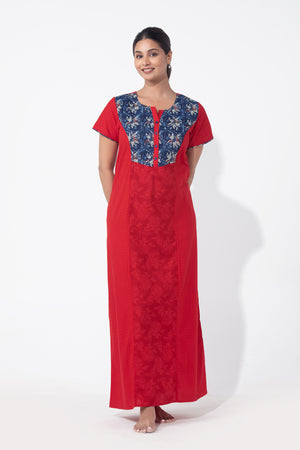 Monotone Printed Red Cotton Nighty with Floral Yoke Patchwork