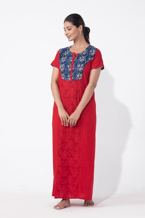 Monotone Printed Red Cotton Nighty with Floral Yoke Patchwork