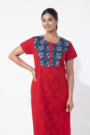 Monotone Printed Red Cotton Nighty with Floral Yoke Patchwork