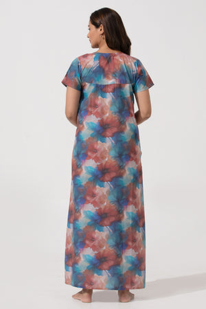 Blue Printed Viscose Nightwear with Pin Tuck Yoke