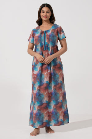 Blue Printed Viscose Nightwear with Pin Tuck Yoke
