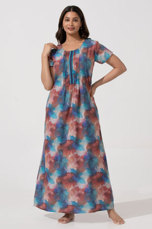Blue Printed Viscose Nightwear with Pin Tuck Yoke