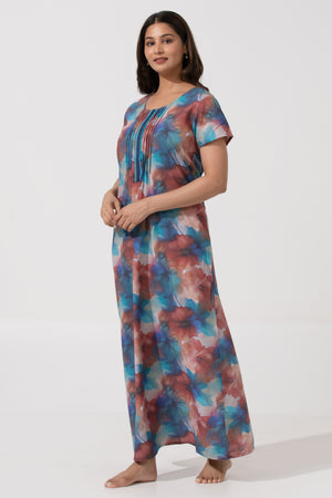Blue Printed Viscose Nightwear with Pin Tuck Yoke
