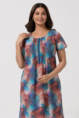 Blue Printed Viscose Nightwear with Pin Tuck Yoke