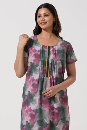 Magenta Printed Cotton Nightwear with Pin Tuck Yoke