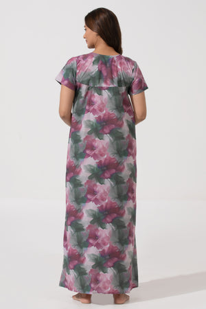 Magenta Printed Cotton Nightwear with Pin Tuck Yoke