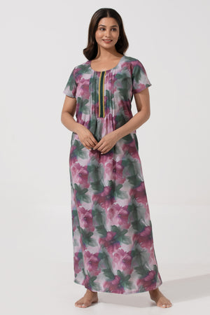 Magenta Printed Cotton Nightwear with Pin Tuck Yoke