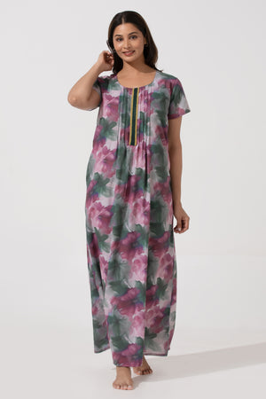 Magenta Printed Cotton Nightwear with Pin Tuck Yoke