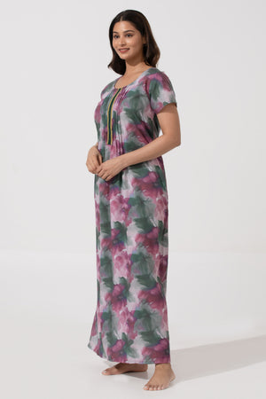 Magenta Printed Cotton Nightwear with Pin Tuck Yoke