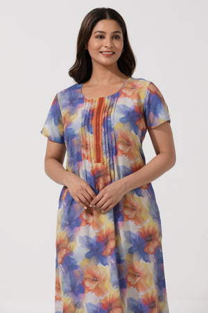 Yellow Printed Viscose Nighty with Pin Tuck Yoke