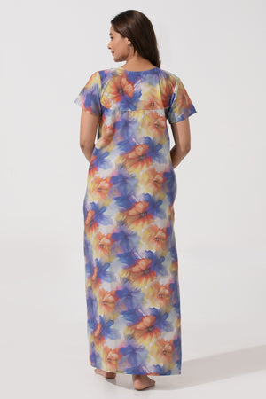 Yellow Printed Viscose Nighty with Pin Tuck Yoke