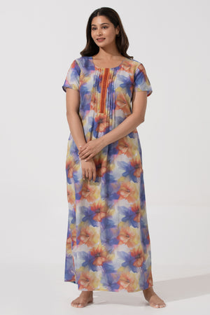Yellow Printed Viscose Nighty with Pin Tuck Yoke