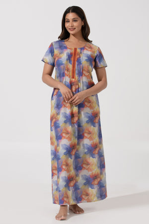 Yellow Printed Viscose Nighty with Pin Tuck Yoke