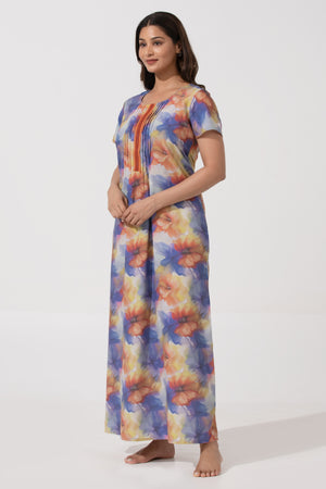 Yellow Printed Viscose Nighty with Pin Tuck Yoke