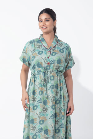 Botanical Floral Printed Aqua Green Nighty with Waist Tie-up
