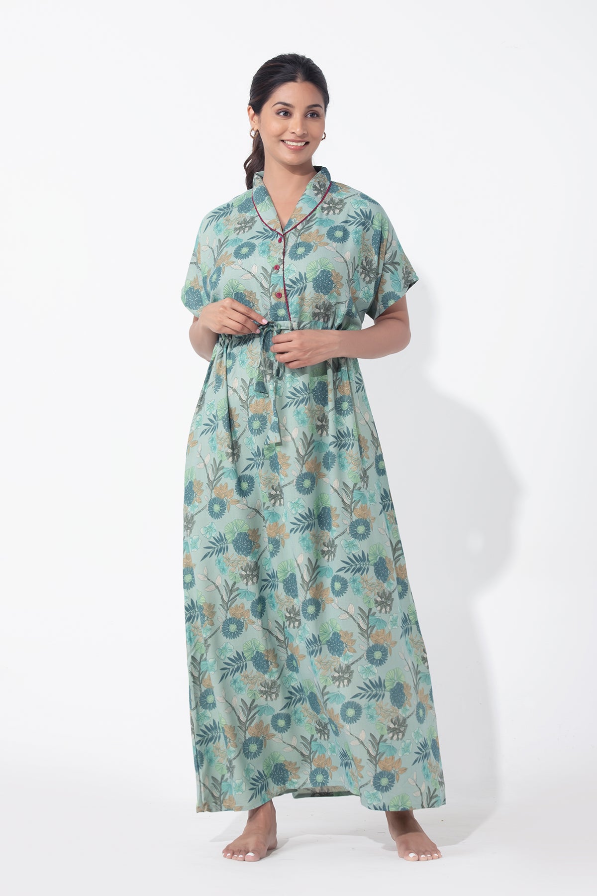 Botanical Floral Printed Aqua Green Nighty with Waist Tie-up