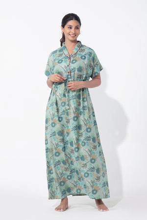 Botanical Floral Printed Aqua Green Nighty with Waist Tie-up