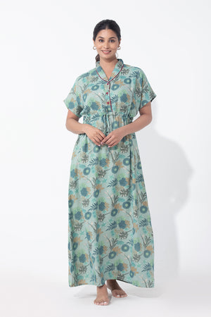 Botanical Floral Printed Aqua Green Nighty with Waist Tie-up