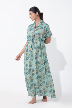 Botanical Floral Printed Aqua Green Nighty with Waist Tie-up