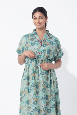 Botanical Floral Printed Aqua Green Nighty with Waist Tie-up