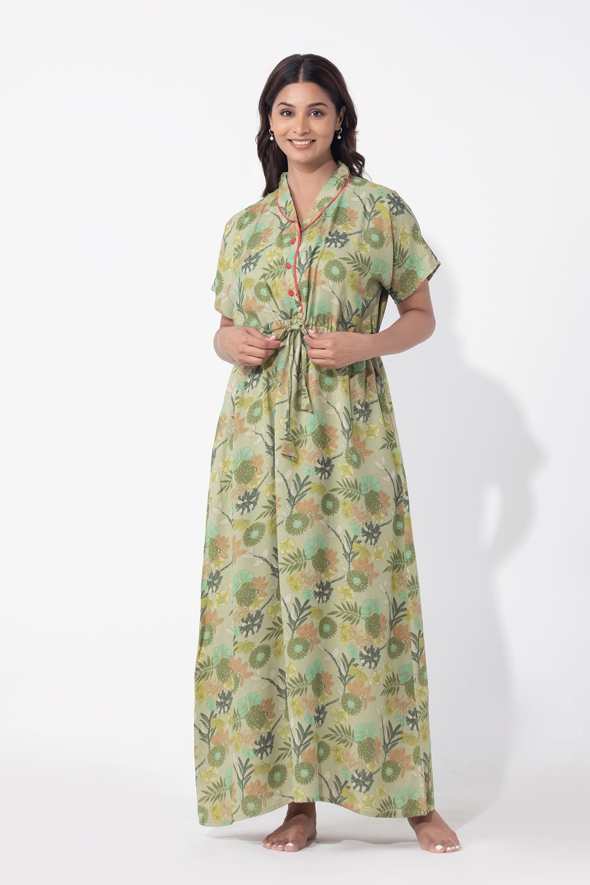 Botanical Floral Printed Green Nighty with Waist Tie-up