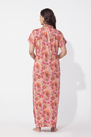 Botanical Floral Printed Peachy Pink Nighty with Waist Tie-up