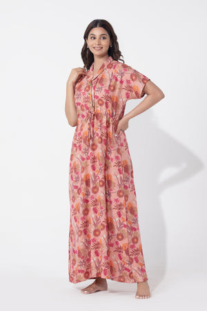 Botanical Floral Printed Peachy Pink Nighty with Waist Tie-up