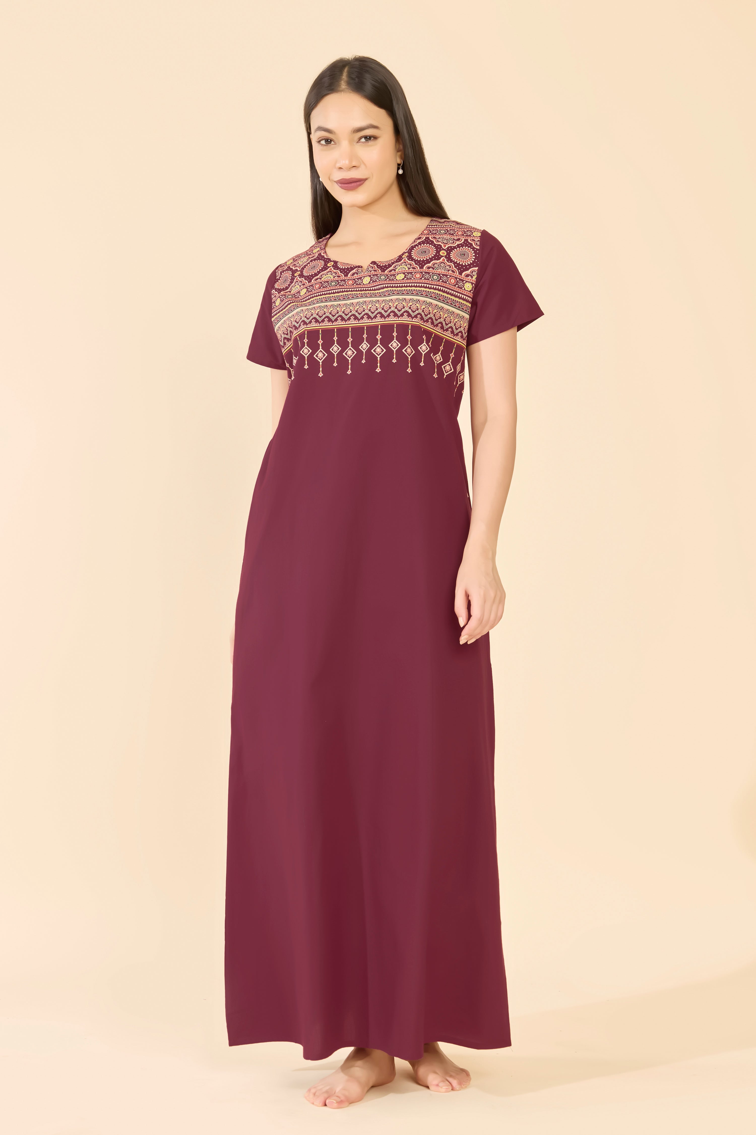 Brown Cotton Nightwear with Floral Printed Yoke