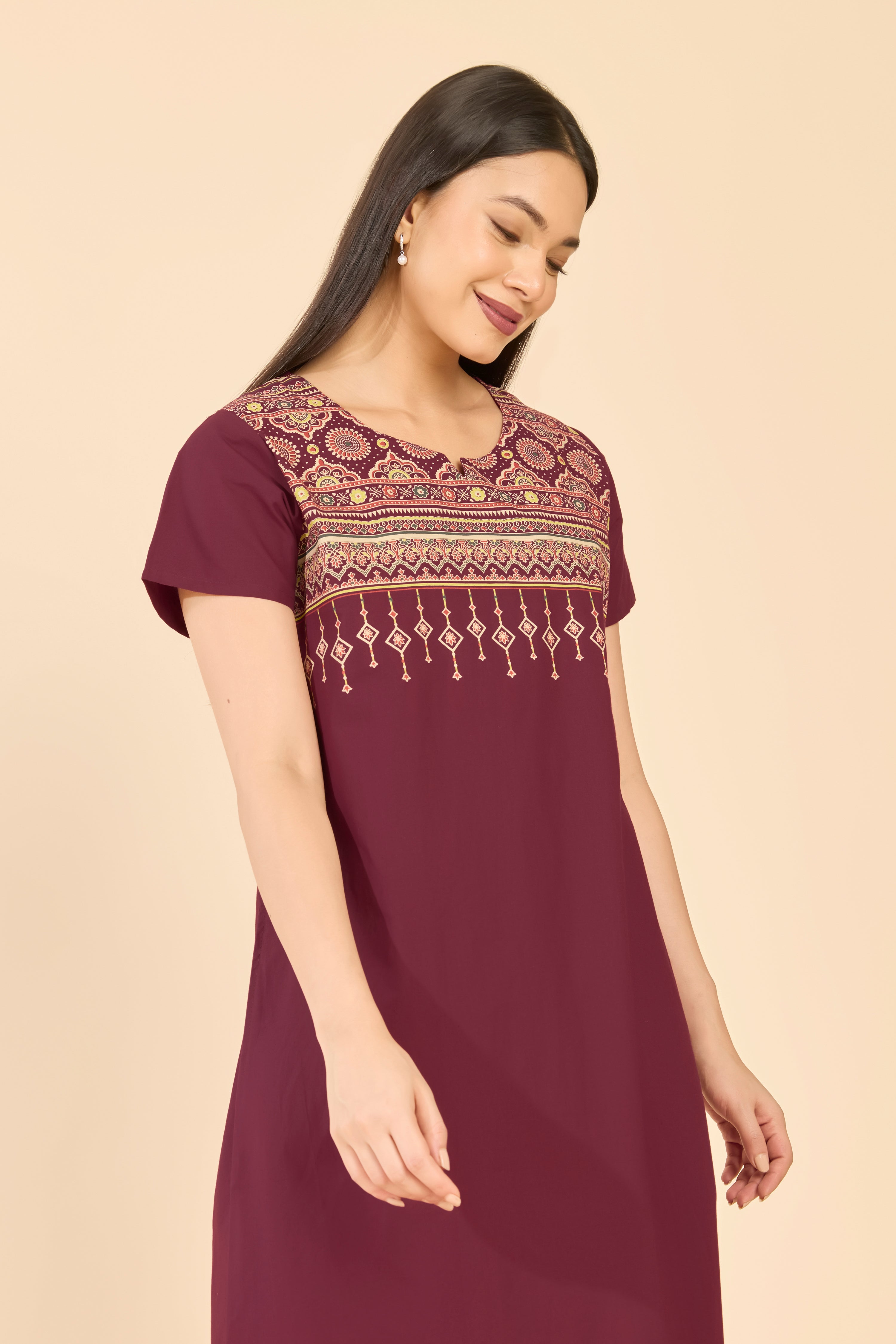 Brown Cotton Nightwear with Floral Printed Yoke