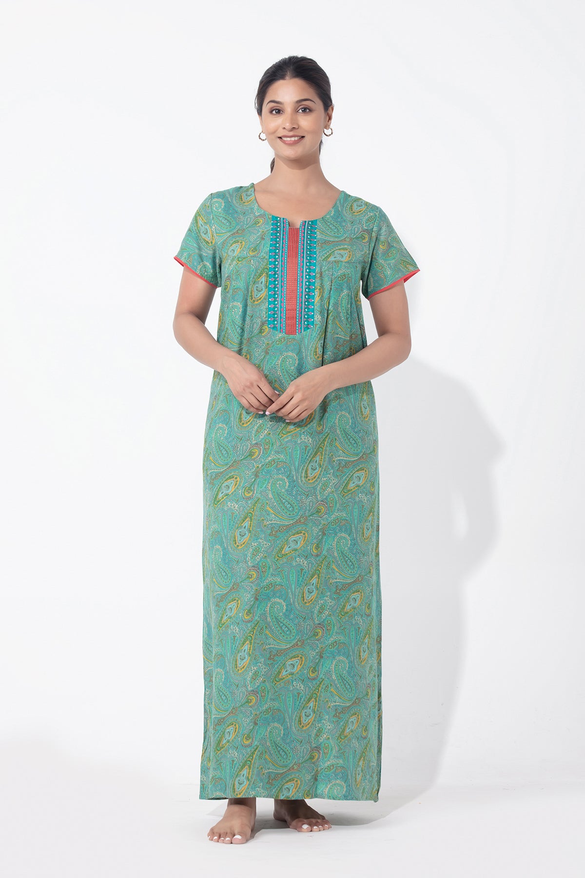Paisley Printed & Embroidered Aqua Green Nighty