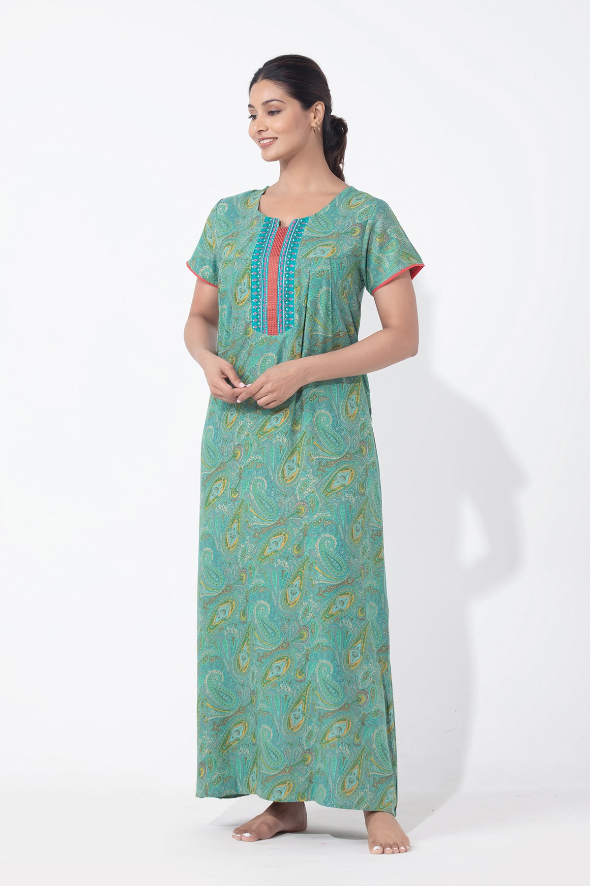 Paisley Printed & Embroidered Aqua Green Nighty