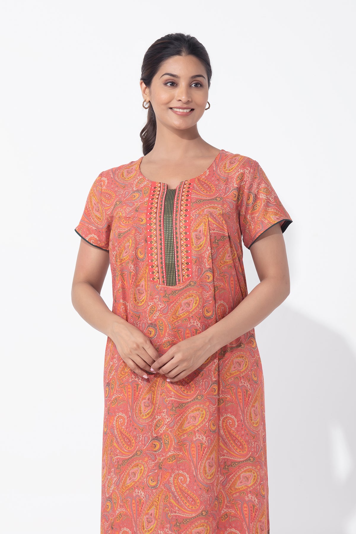 Paisley Printed & Embroidered Peach Nighty