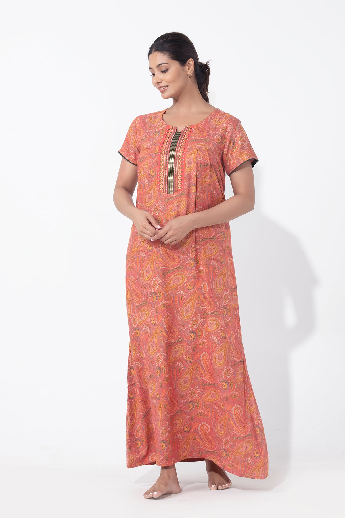 Paisley Printed & Embroidered Peach Nighty