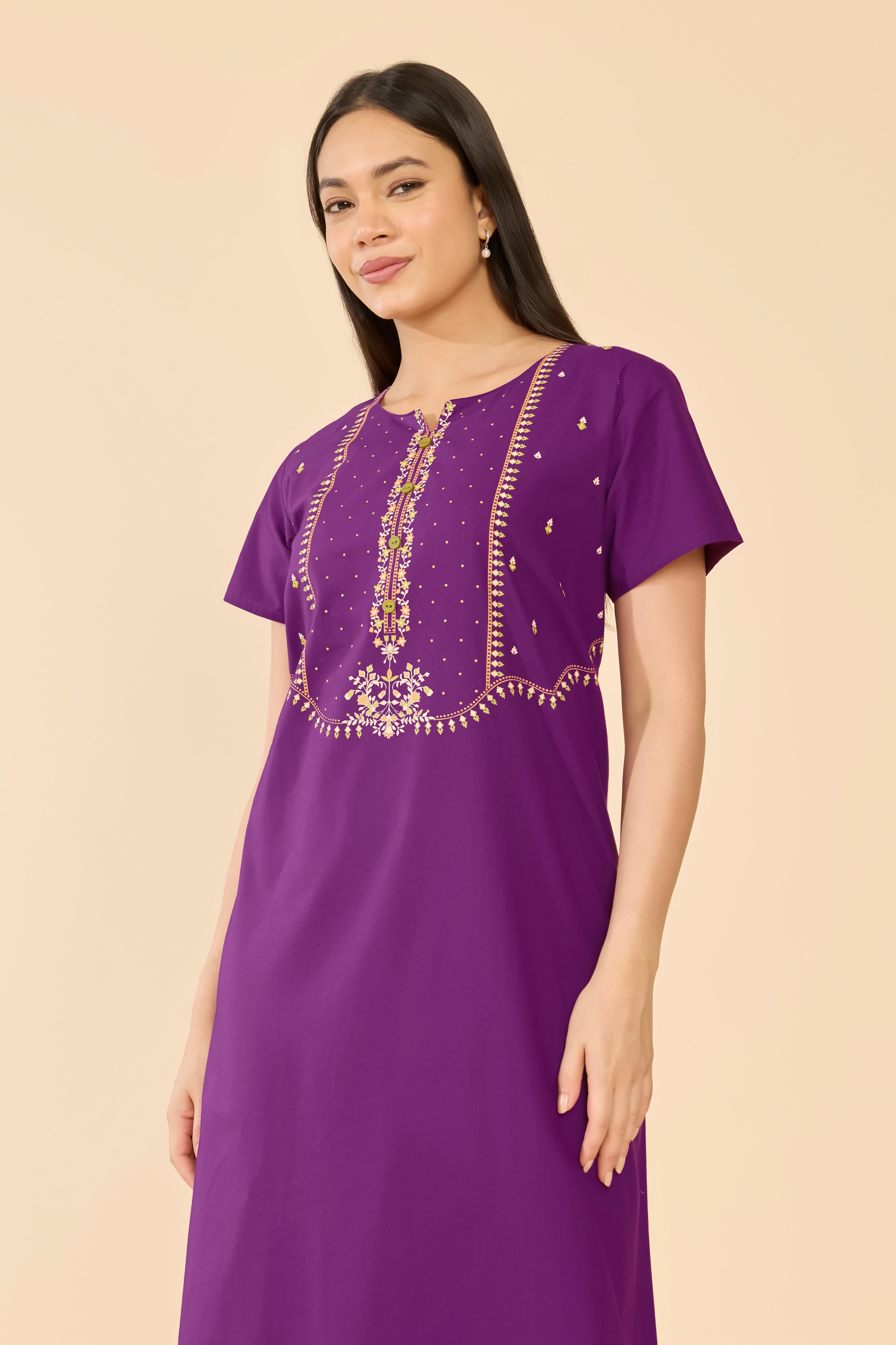 Purple Floral Printed Cotton Nightwear