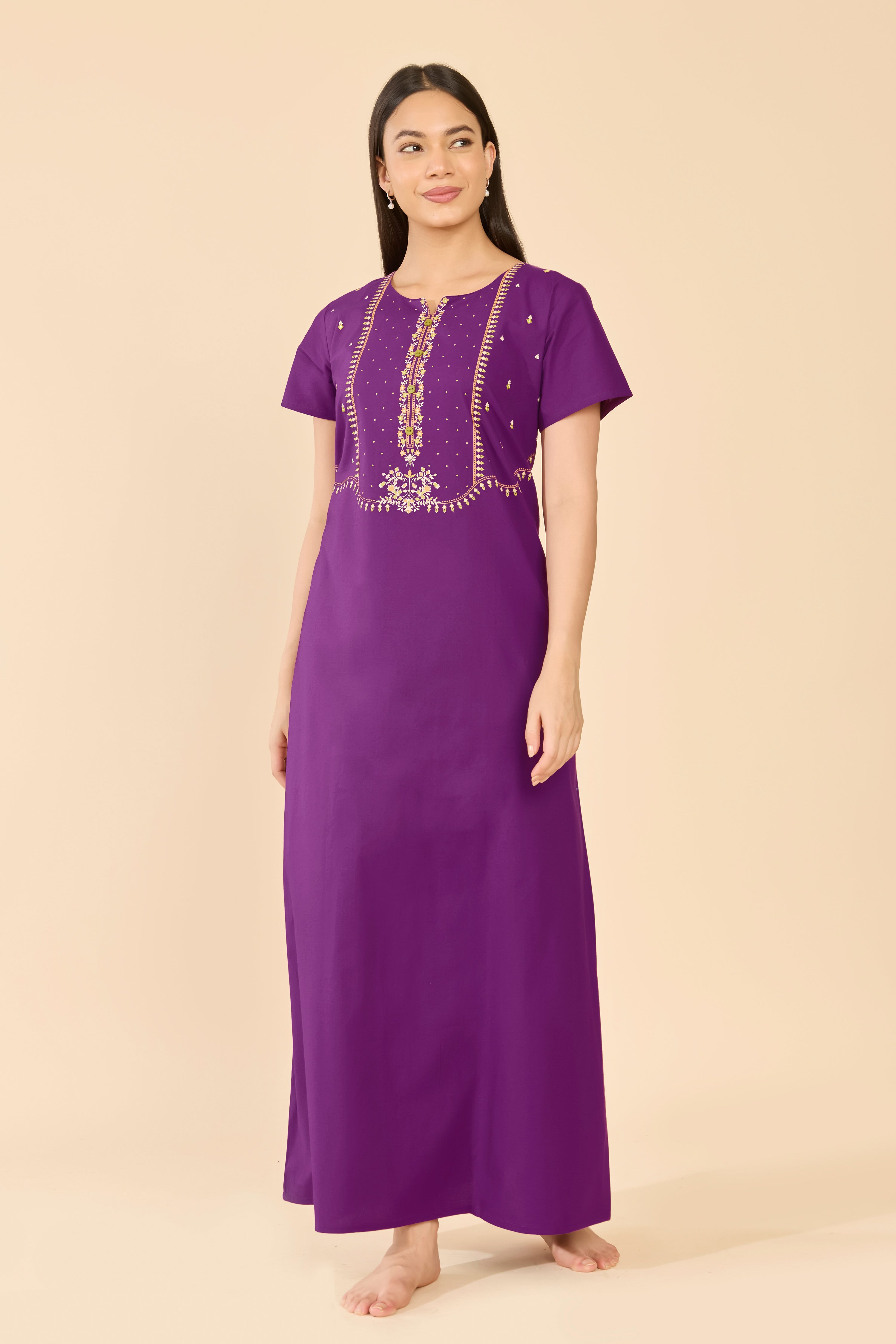 Purple Floral Printed Cotton Nightwear