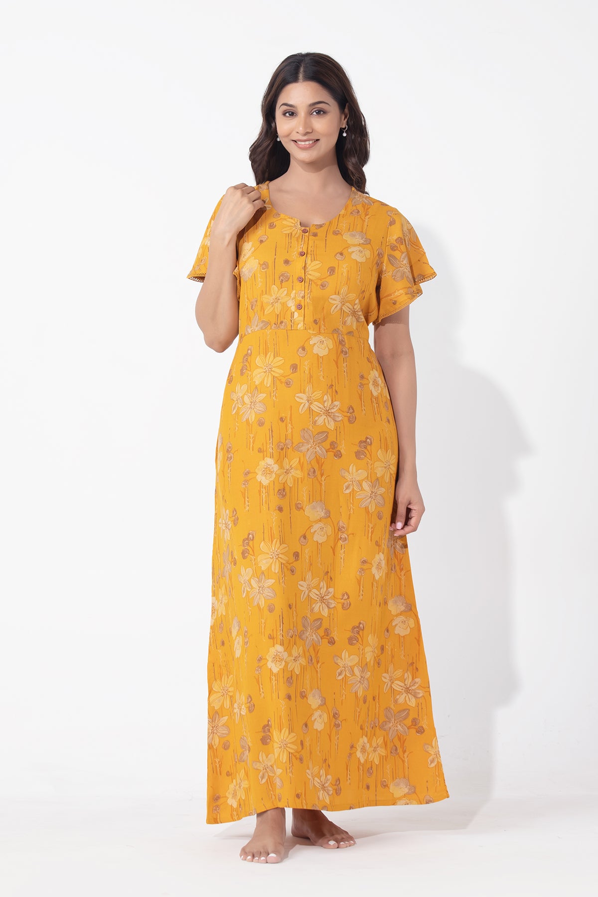 Floral Printed Mustard Nighty with Back Tie-up & Bell Sleeve