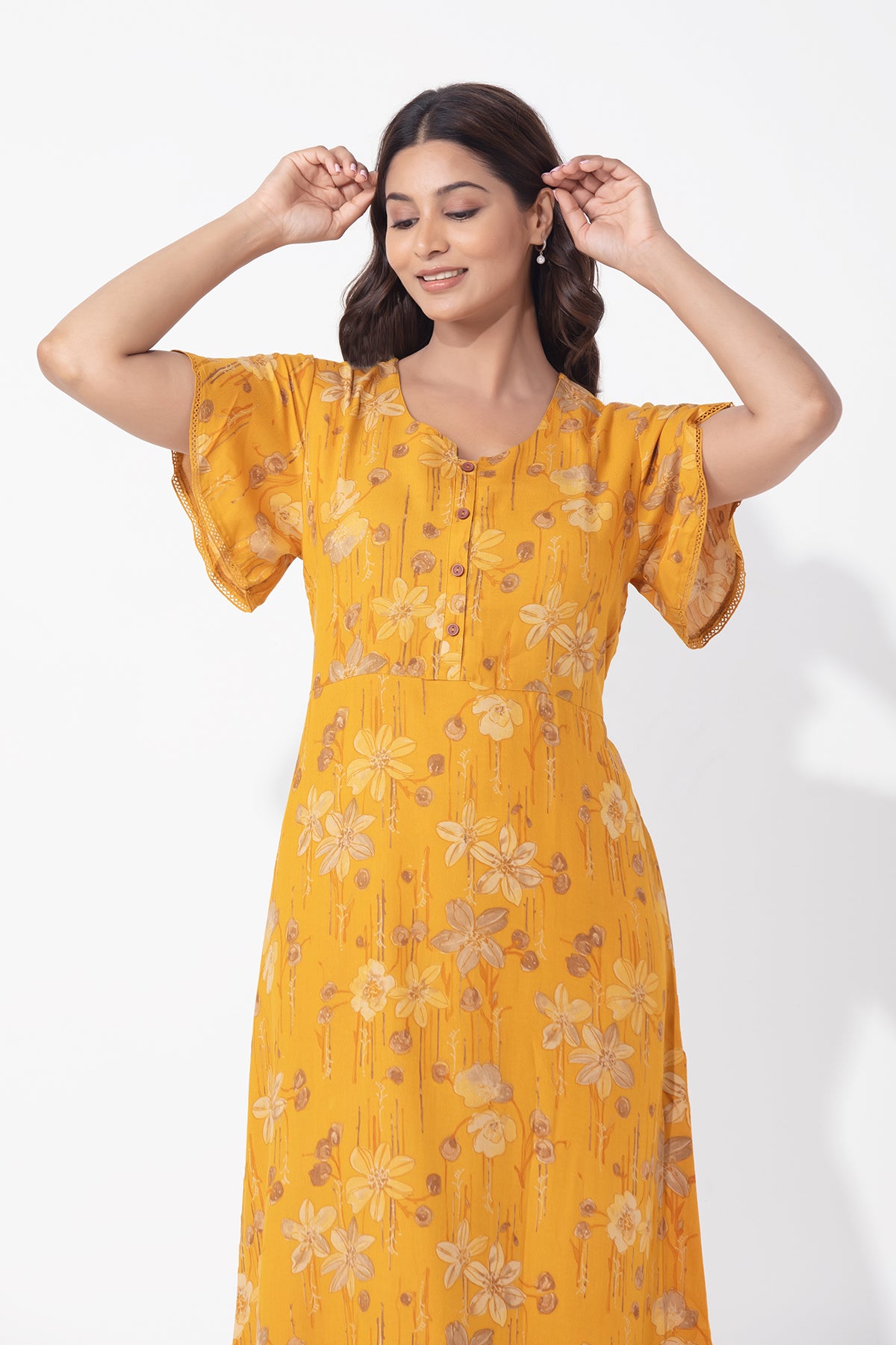 Floral Printed Mustard Nighty with Back Tie-up & Bell Sleeve