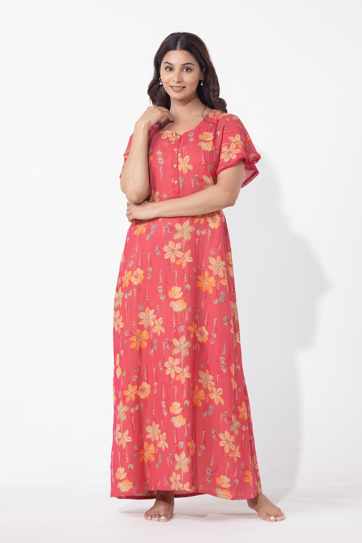 Floral Printed Pink Nighty with Back Tie-up & Bell Sleeve