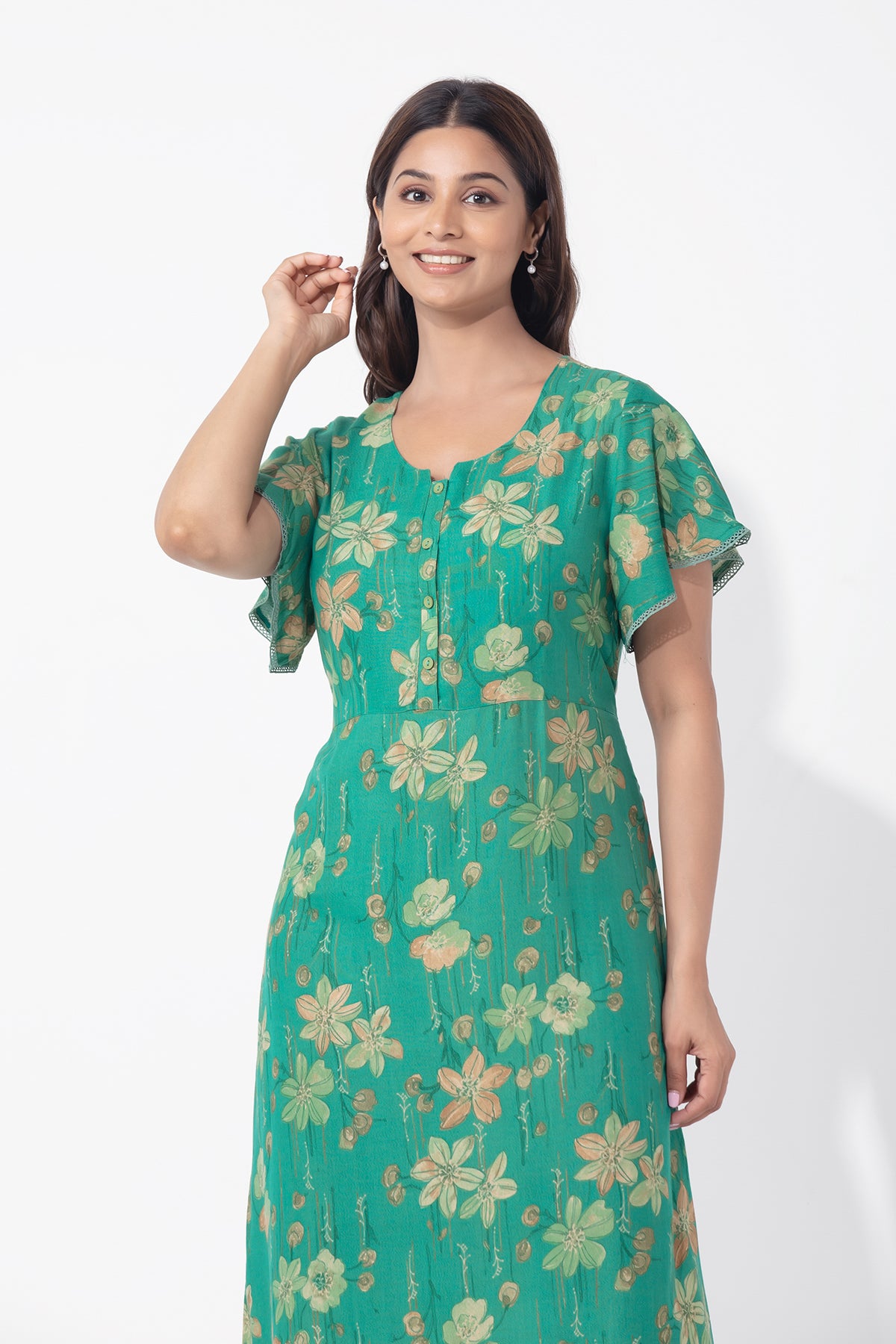 Floral Printed Aqua Green Nighty with Back Tie-up & Bell Sleeve