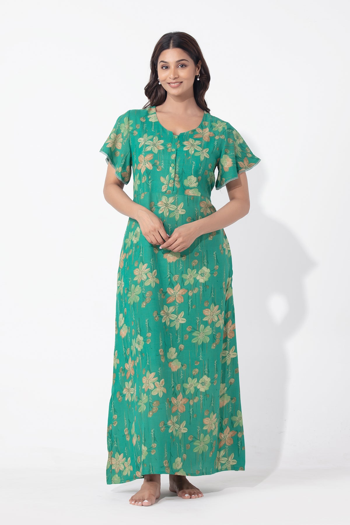 Floral Printed Aqua Green Nighty with Back Tie-up & Bell Sleeve