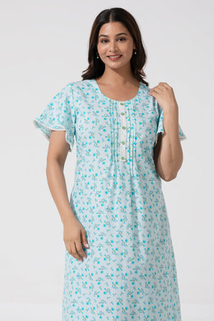 Sky Floral Cotton Nighty Featuring Pin Tuck Yoke