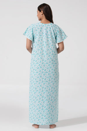 Sky Floral Cotton Nighty Featuring Pin Tuck Yoke